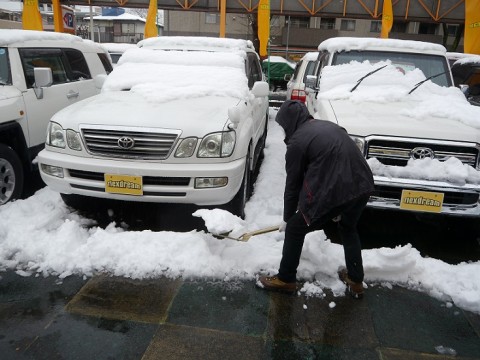 雪かき中のスタッフ